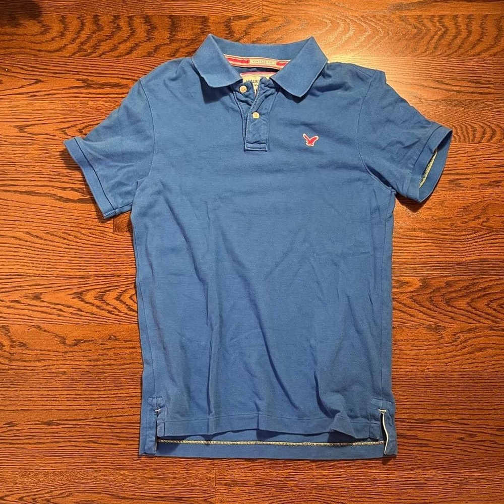 y2k vintage american eagle men's blue polo shirt medium